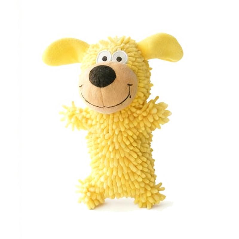 Yellow screaming plush dog toy with a shaggy chenille body and floppy fleece ears