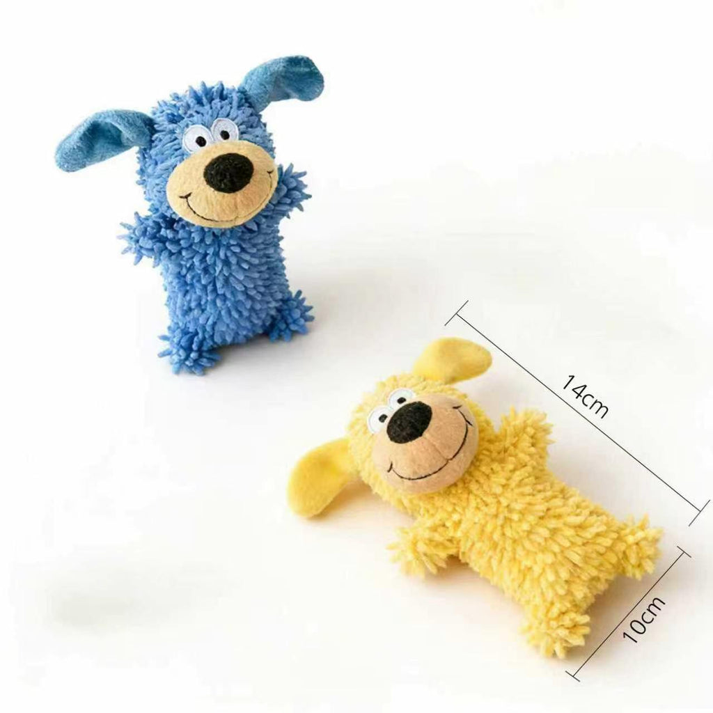 Blue and yellow screaming plush dog toys measuring about 14 by 10 centimeters
