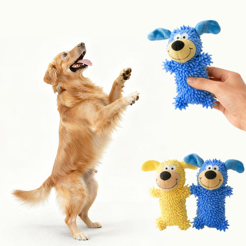 Golden retriever jumping up beside a hand holding the blue screaming plush dog toy, with the blue and yellow versions shown together