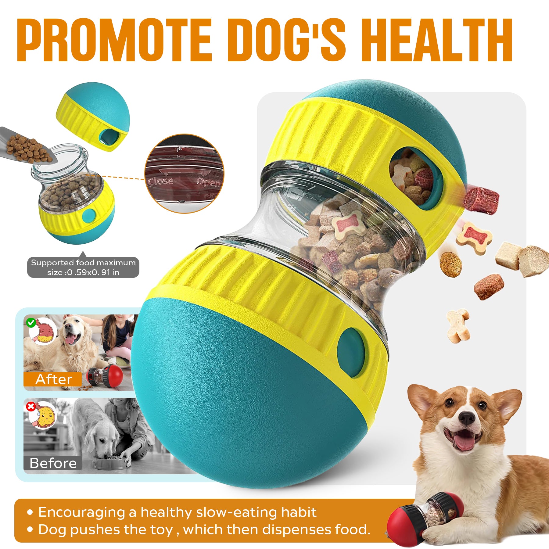 Treat-dispensing puzzle ball releasing kibble as it rolls, its clear center chamber filled with dog treats