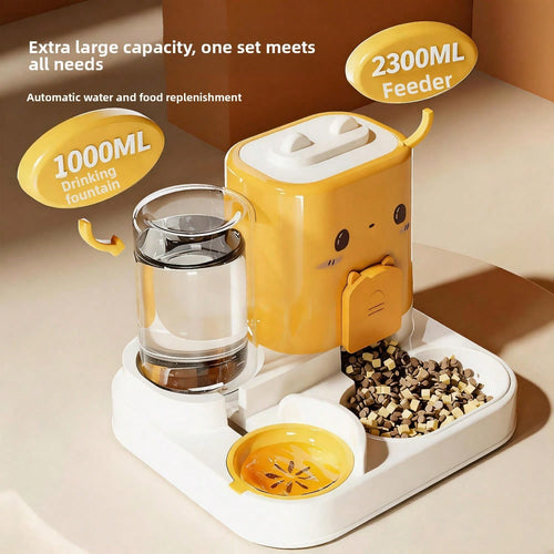 Capacity callouts on the 2-in-1 dog feeder station: 2300 ml gravity food hopper and 1000 ml drinking fountain (yellow colorway shown)