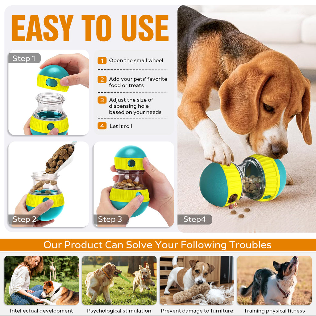 Four-step guide: open the wheel, add treats, adjust the dispensing hole, and let the puzzle ball roll