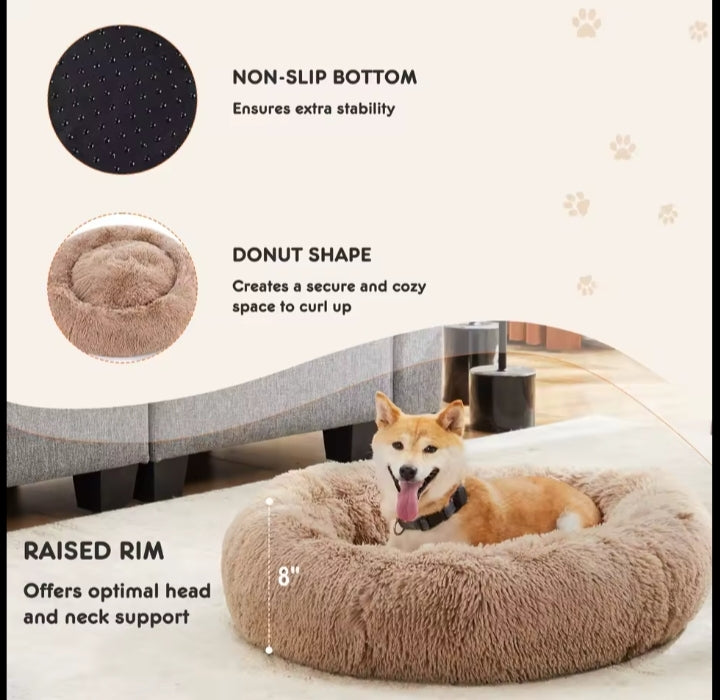Infographic: donut dog bed with a non-slip bottom and an 8-inch raised rim for head and neck support