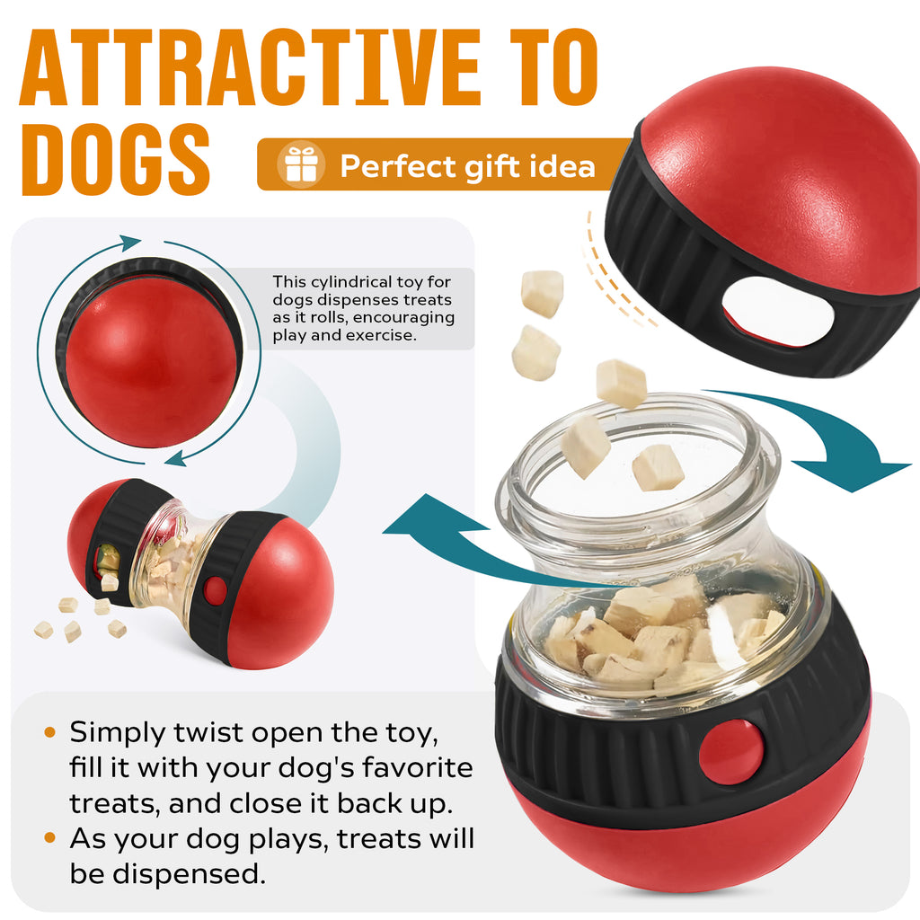 Red treat ball twisted open to show the clear chamber being filled with dog treats
