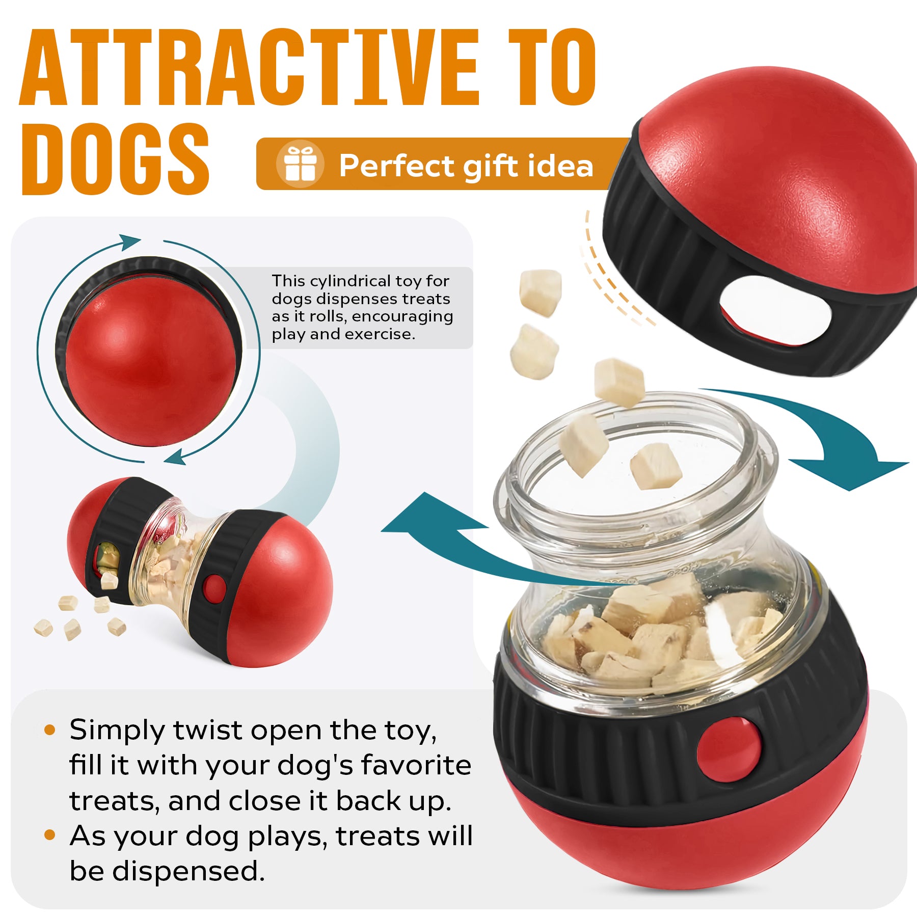 Red treat ball twisted open to show the clear chamber being filled with dog treats