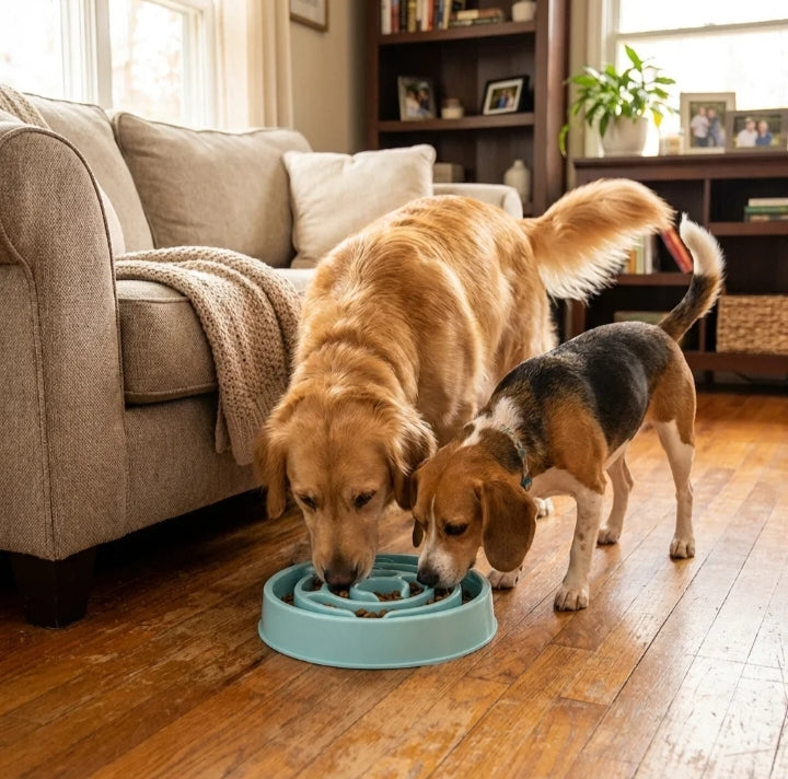 Golden retriever and beagle sharing kibble from the blue maze slow feeder bowl on a hardwood floor