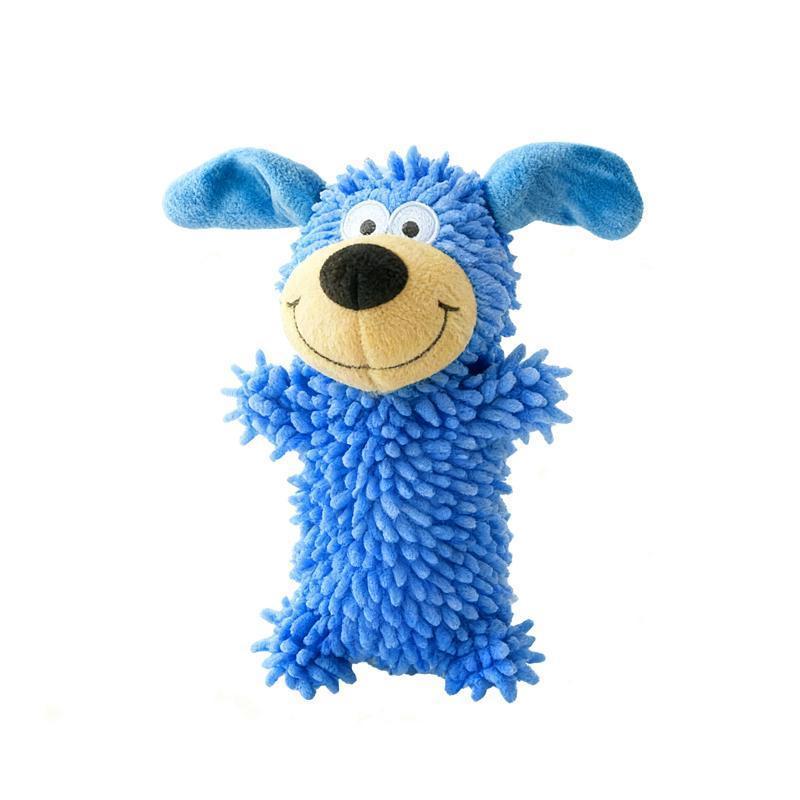 Blue screaming plush dog toy with a shaggy chenille body, floppy ears, and an embroidered smiling snout
