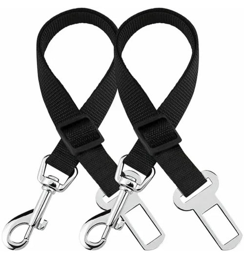 Adjustable black nylon dog car seat belt tether with a 360-degree swivel clip and seat belt buckle