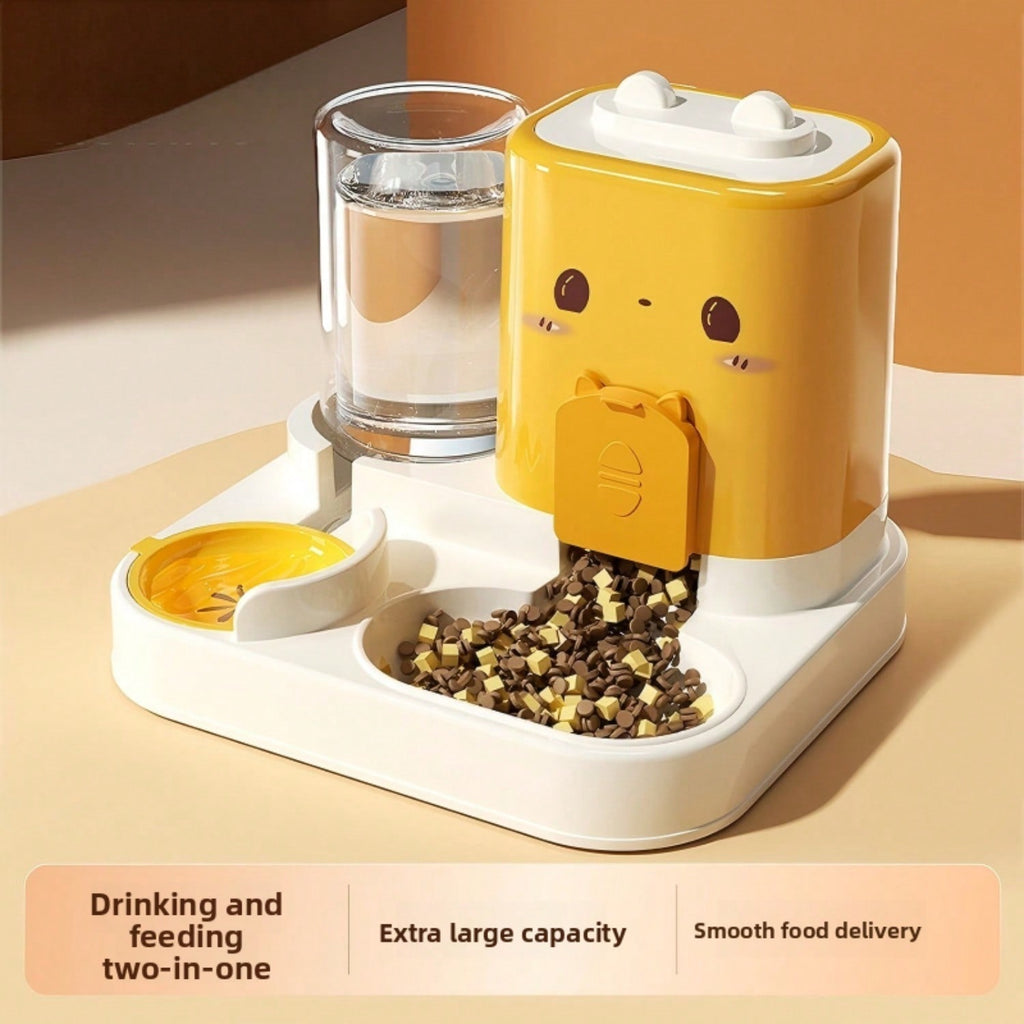 Front view of the 2-in-1 gravity dog feeder dispensing kibble into the food bowl beside the water bowl (yellow colorway shown)