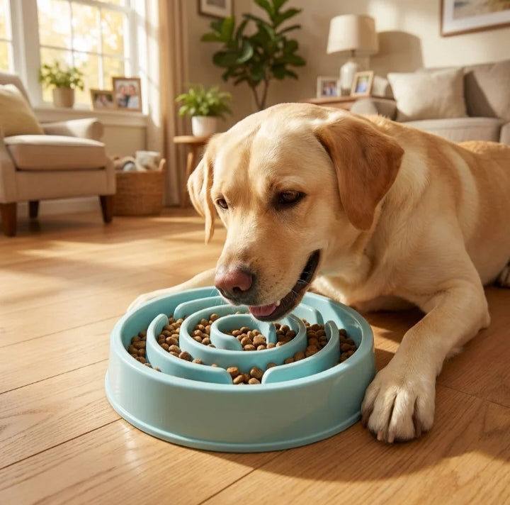 Yellow Labrador eating kibble from a blue maze slow feeder dog bowl on a living room floor