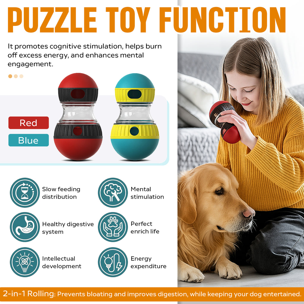 Red and blue treat-dispensing puzzle balls beside a girl playing with her golden retriever