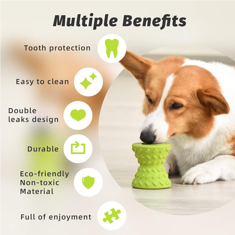 Infographic of a corgi chewing the green rubber toy, listing tooth protection, durability, and easy cleaning