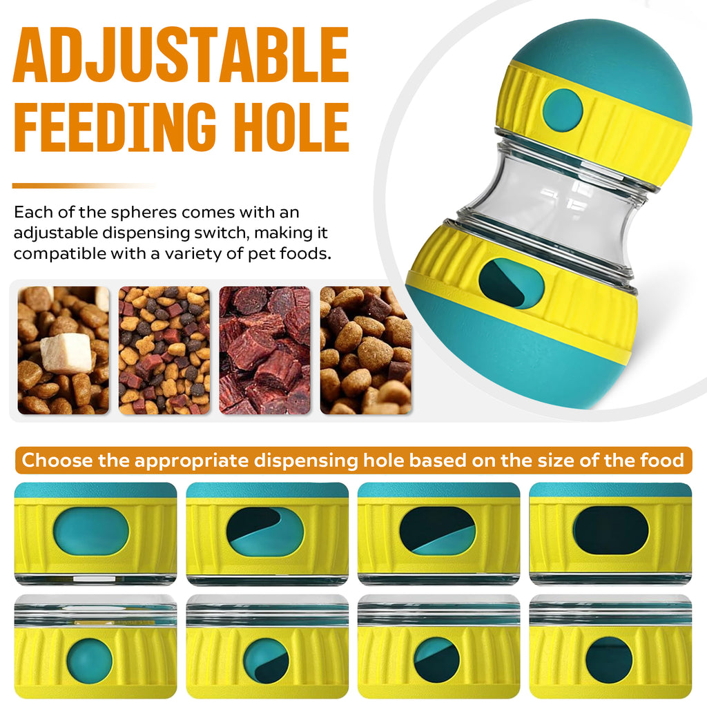 Infographic of the puzzle ball's adjustable feeding hole set to different sizes for different treats
