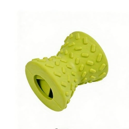 Green treat-stuffable rubber dog chew toy with a studded hourglass shape and hollow center