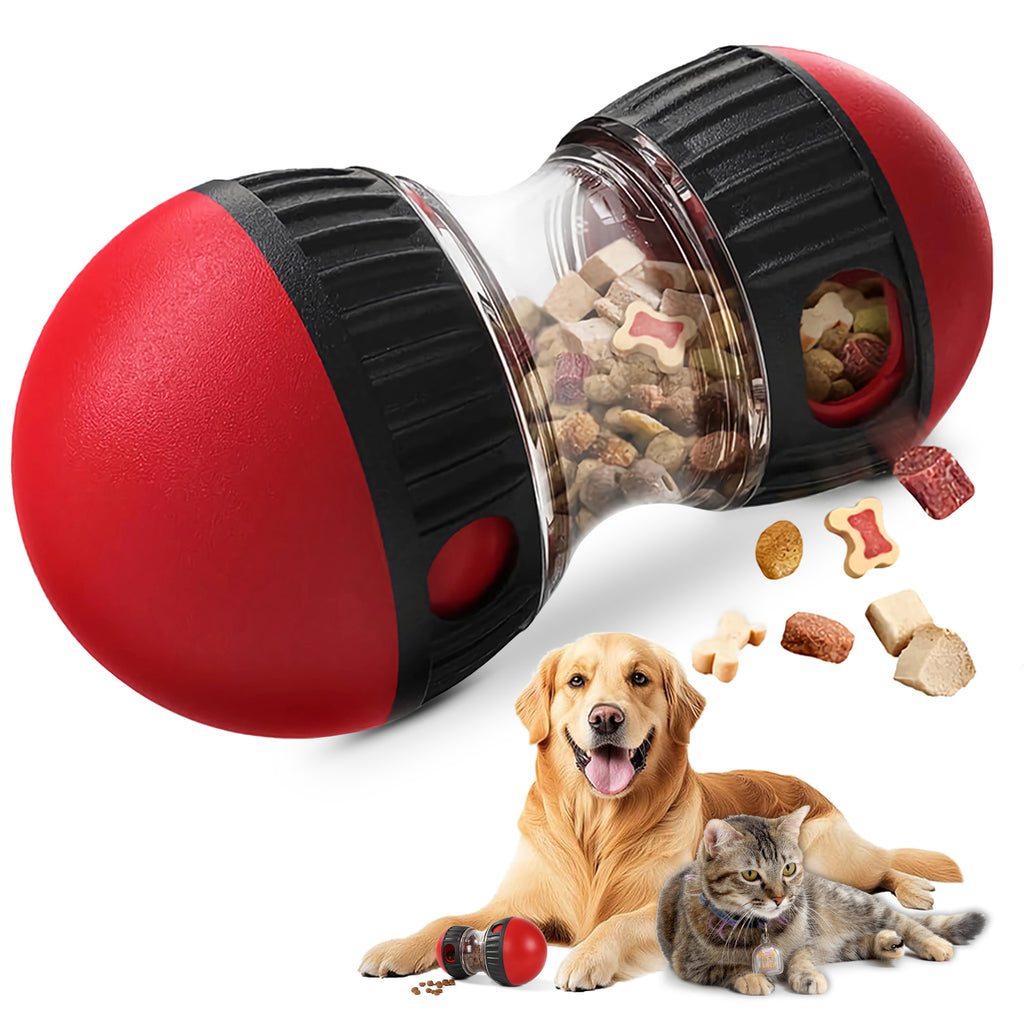 Red and black pet toy with treat compartment, dog, and cat with scattered treats on a white background