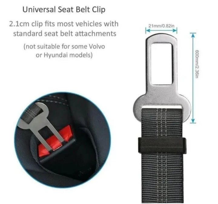 Universal 0.82-inch seat belt clip shown clicking into a standard vehicle seat belt buckle