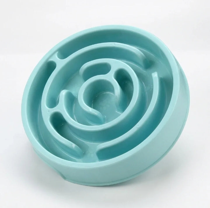 Blue maze slow feeder dog bowl with a labyrinth ridge pattern and a non-slip base
