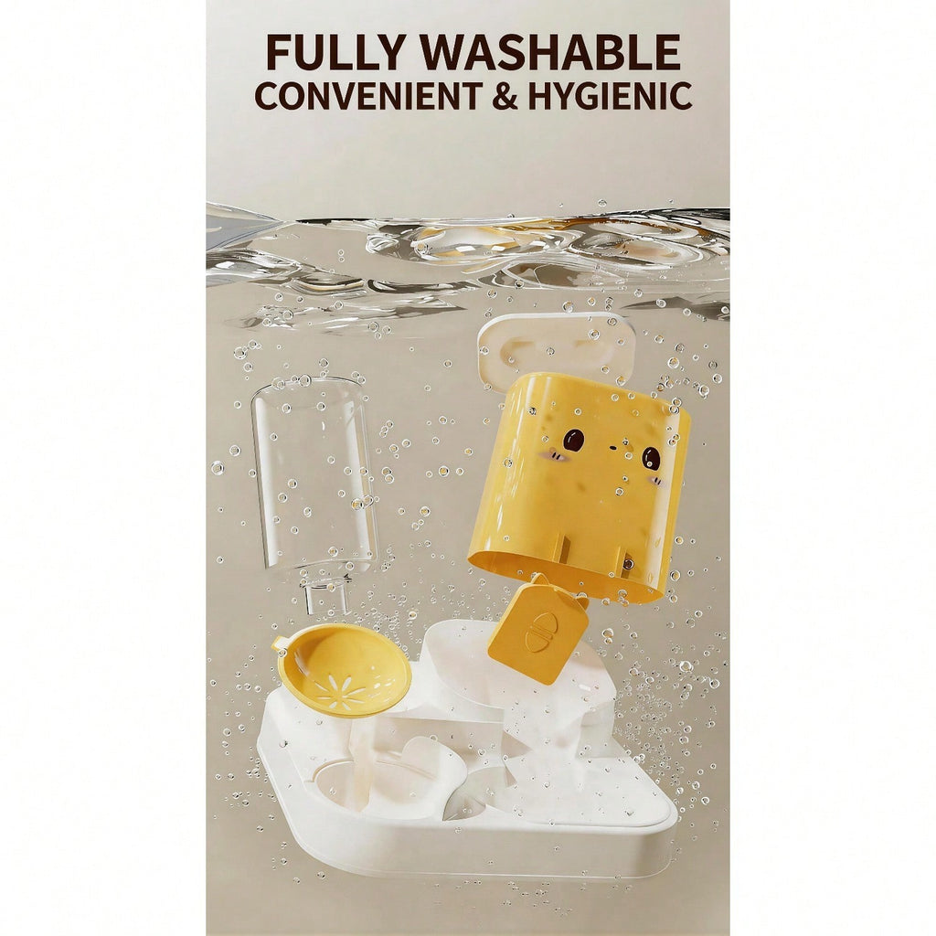 Dog feeder station disassembled into its washable parts, including hopper, water tank, and bowls, submerged in clean water (yellow colorway shown)
