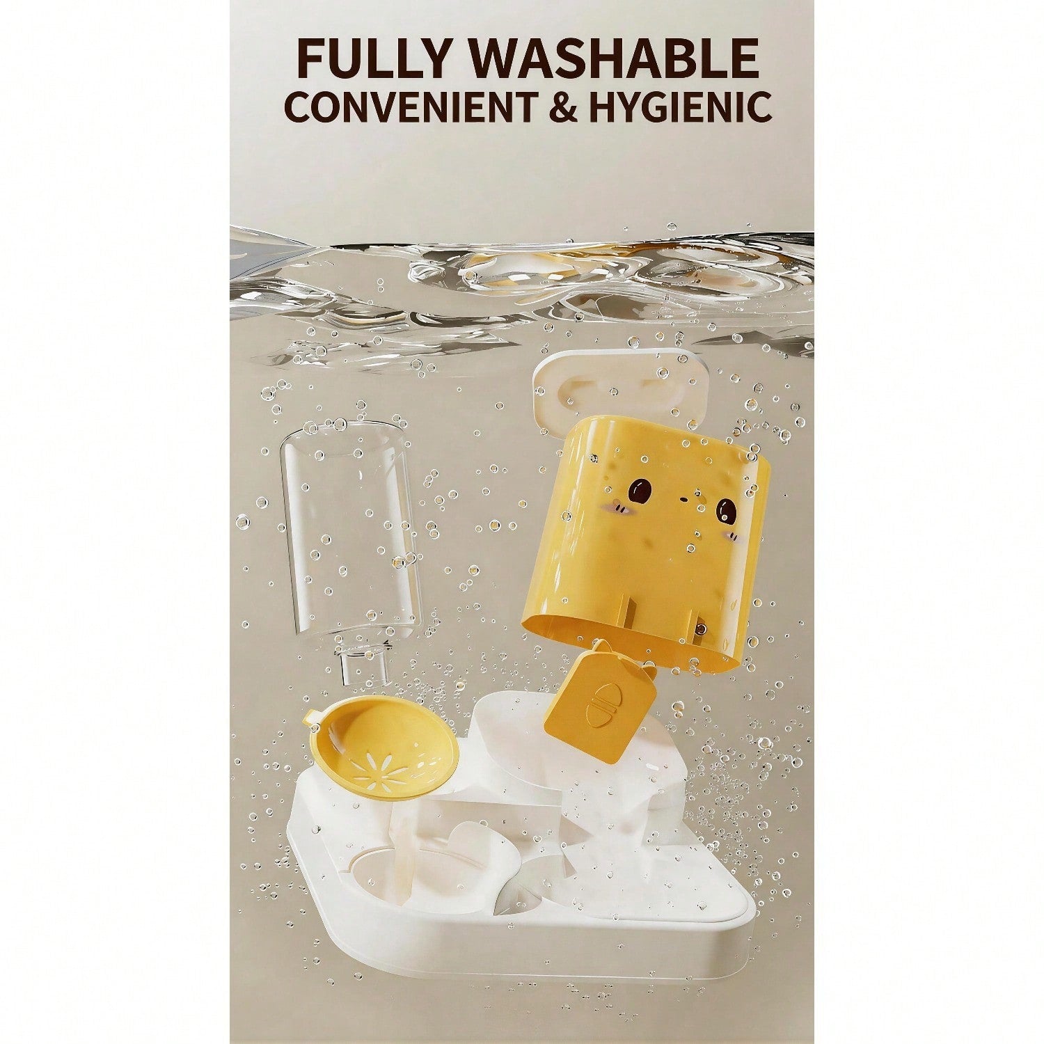 Dog feeder station disassembled into its washable parts, including hopper, water tank, and bowls, submerged in clean water (yellow colorway shown)