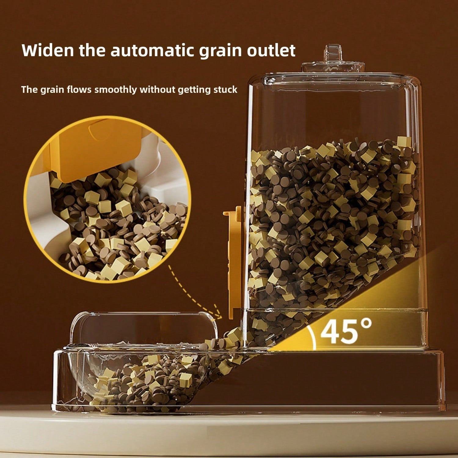 Cutaway view of the widened gravity outlet showing dog kibble flowing smoothly from the hopper into the bowl at a 45-degree angle