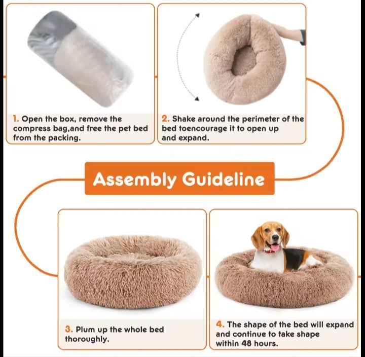 Four-step guide to unpacking the compressed donut bed, which fluffs to full shape within 48 hours