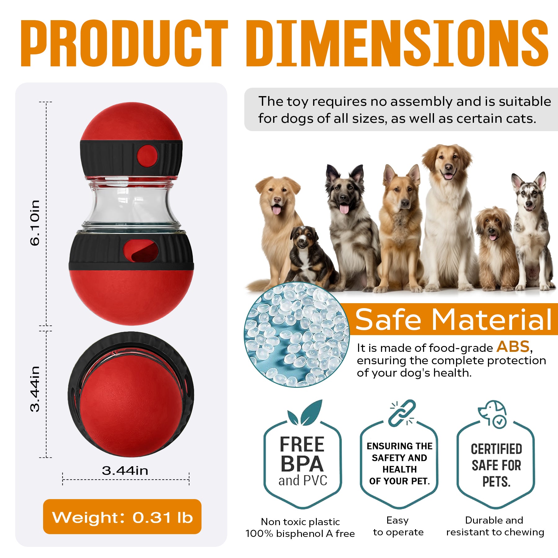 Dimensions diagram: treat-dispensing ball is 6.1 x 3.44 inches, 0.31 lb, made of food-grade ABS plastic