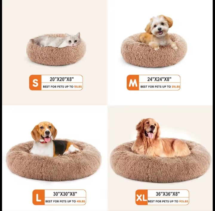 Size chart for the calming donut bed: 20, 24, 30, and 36 inch options for pets from 15 to 90 lbs