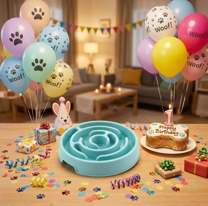 Blue maze slow feeder bowl at a dog birthday party with paw-print balloons and a bone-shaped cake