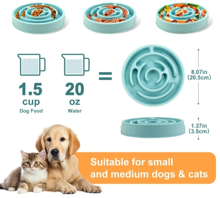 Size chart: maze slow feeder bowl holds 1.5 cups of kibble or 20 oz water and measures 8.07 x 1.37 inches